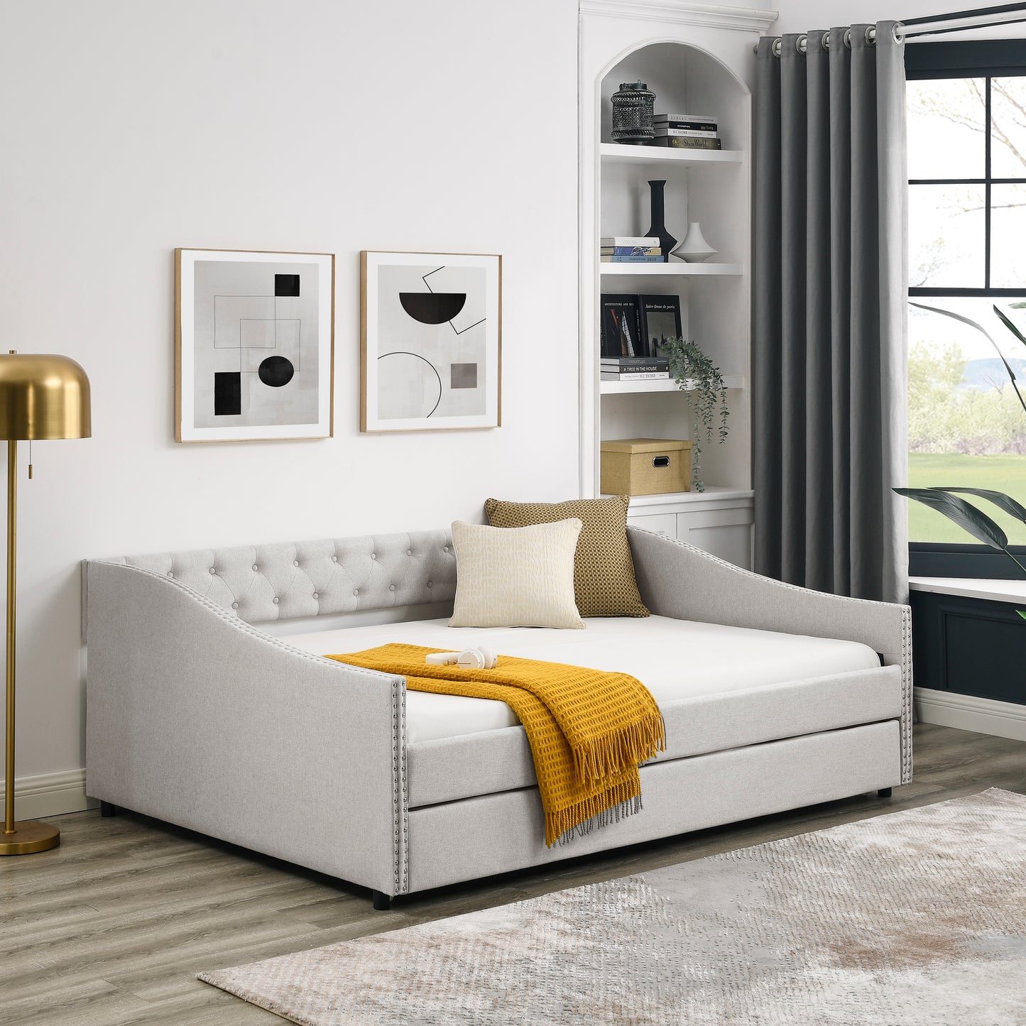 Full Size Daybed with Twin Size Trundle Upholstered Tufted Sofa Bed, with Button on Back and Copper Nail on Waved Shape Arms,Beige (80.5"x55.5"x27.5")