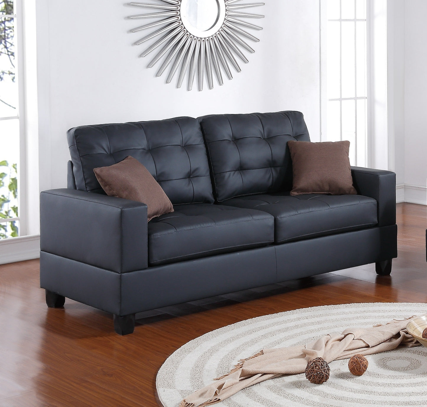 Living Room Furniture 2pc Sofa Set Black Faux Leather Tufted Sofa Loveseat w Pillows Cushion Couch