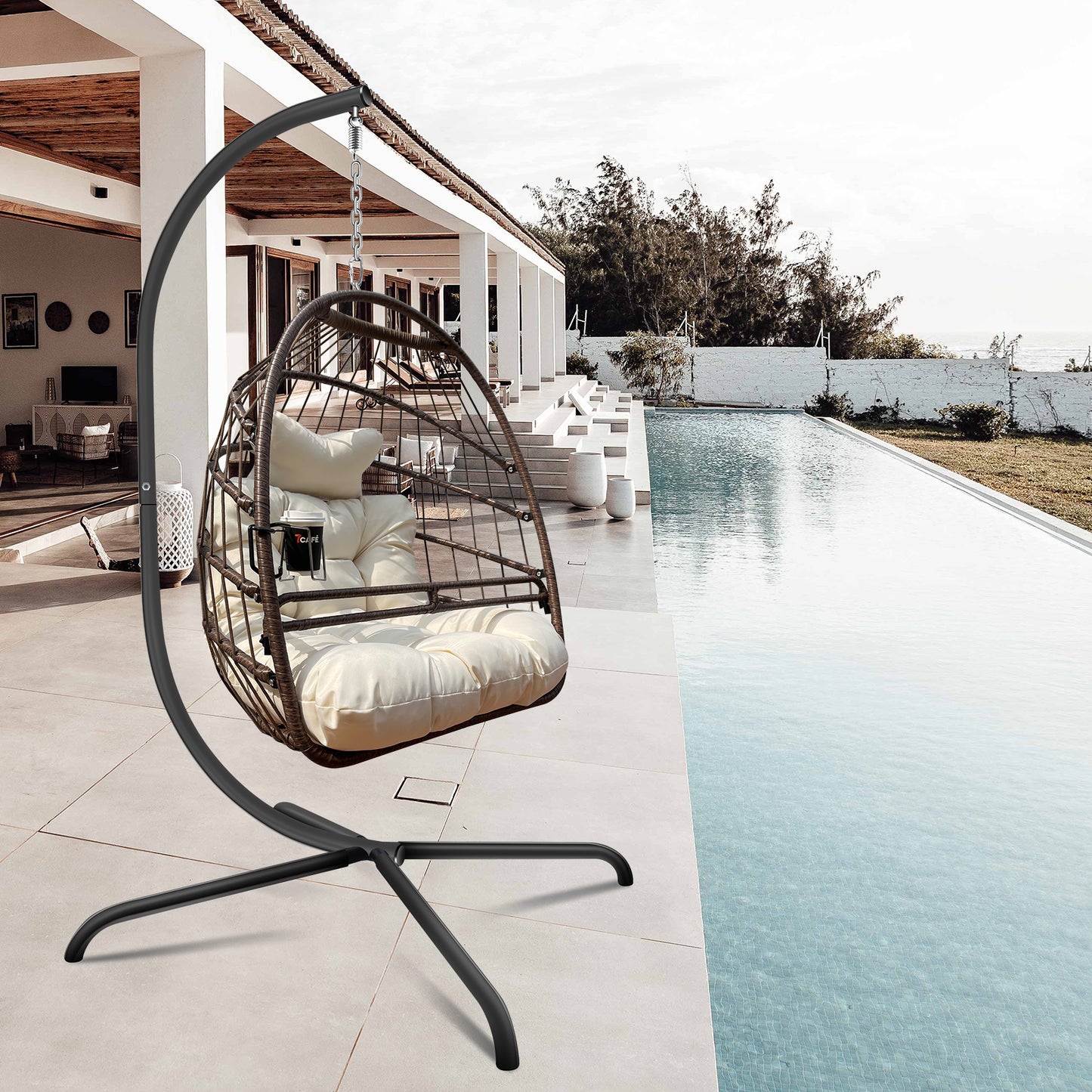 Swing Egg Chair with Stand Indoor Outdoor Wicker Rattan Patio Basket Hanging Chair with C Type bracket , with cushion and pillow,Patio Wicker folding Hanging Chair