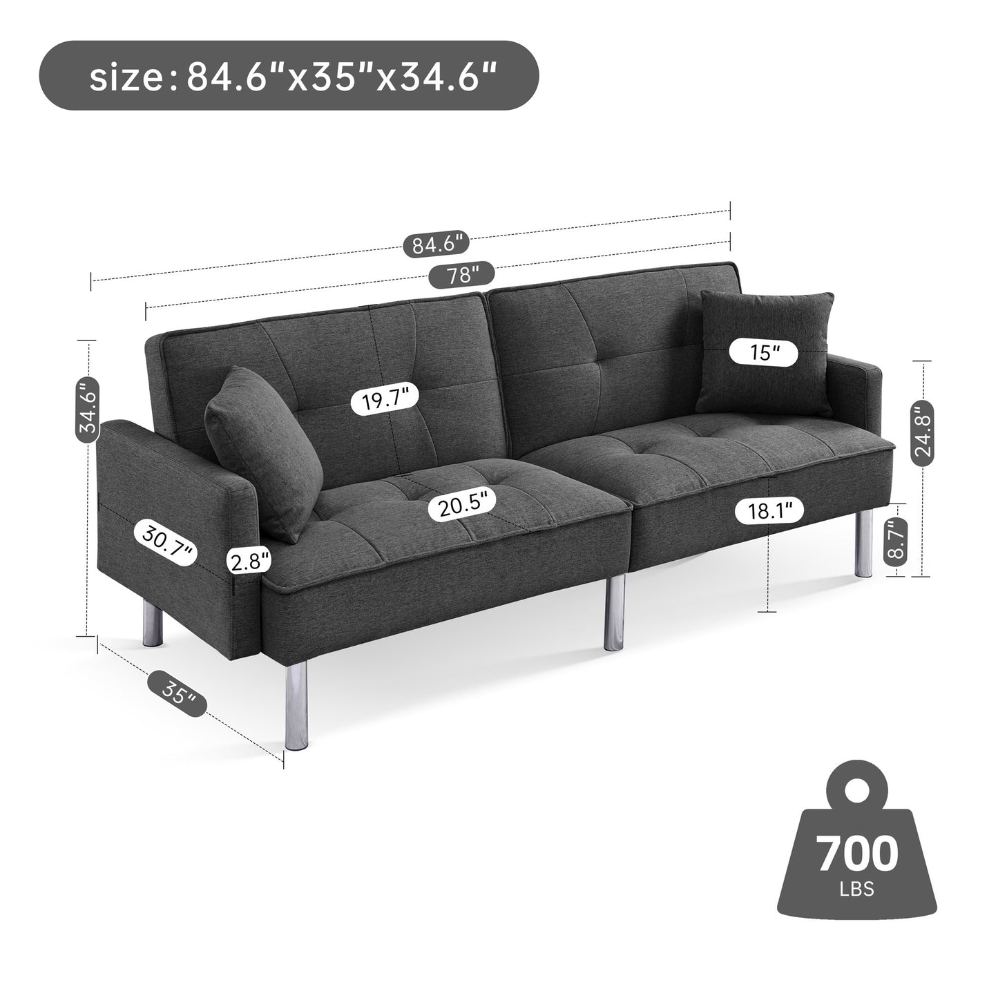 84.6" Extra Long Futon Adjustable Sofa Bed