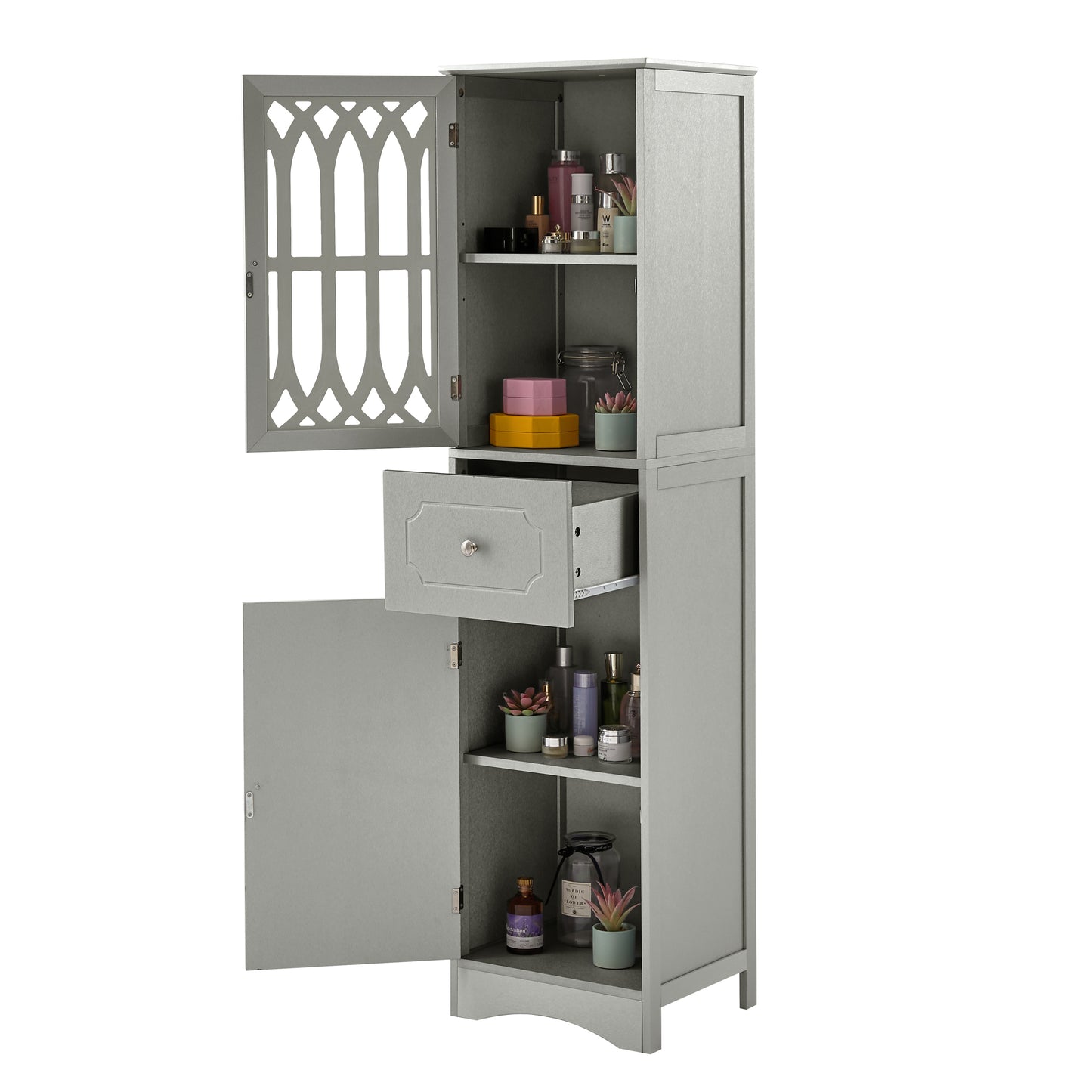 Tall Bathroom Cabinet, Freestanding Storage Cabinet with Drawer and Doors, MDF Board, Acrylic Door, Adjustable Shelf, Grey