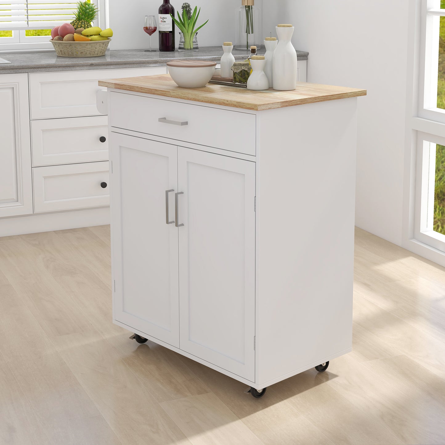 Kitchen Island Rolling Trolley Cart with Rubber Towel Rack