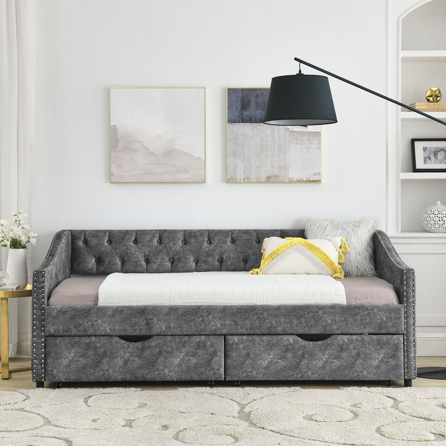 Twin Size Daybed with Drawers Upholstered Tufted Sofa Bed, with Button on Back and Copper Nail on Waved Shape Arms, Grey  (81.5''x4''x30.5'')