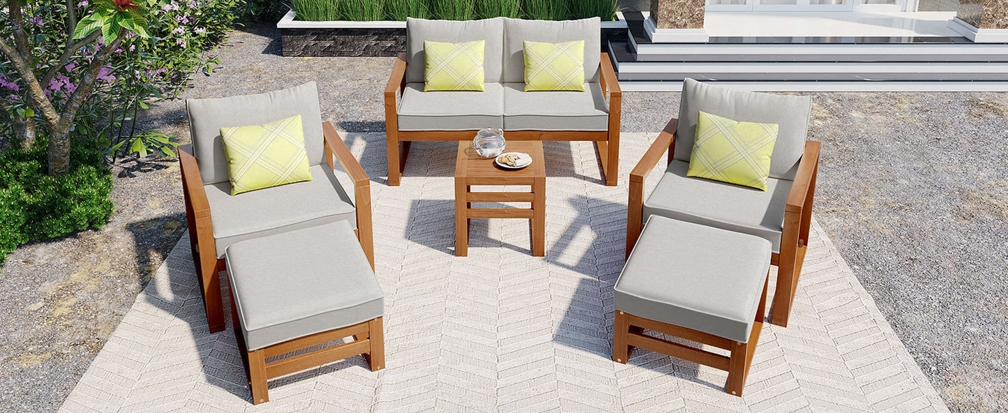 TOPMAX Outdoor Patio Wood 6-Piece Conversation Set, Sectional Garden Seating Groups Chat Set with Ottomans and Cushions for Backyard, Poolside, Balcony, Grey