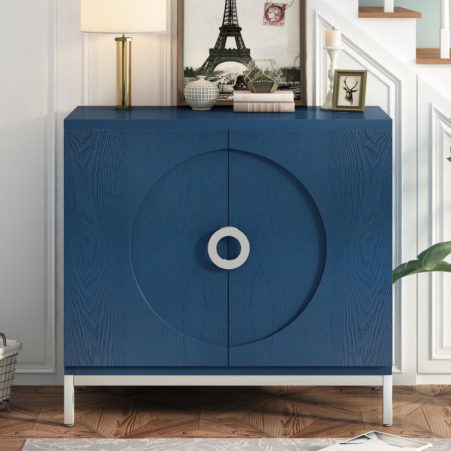 TREXM Simple Storage Cabinet Accent Cabinet with Solid Wood Veneer and Metal Leg Frame for Living Room, Entryway, Dining Room (Navy)