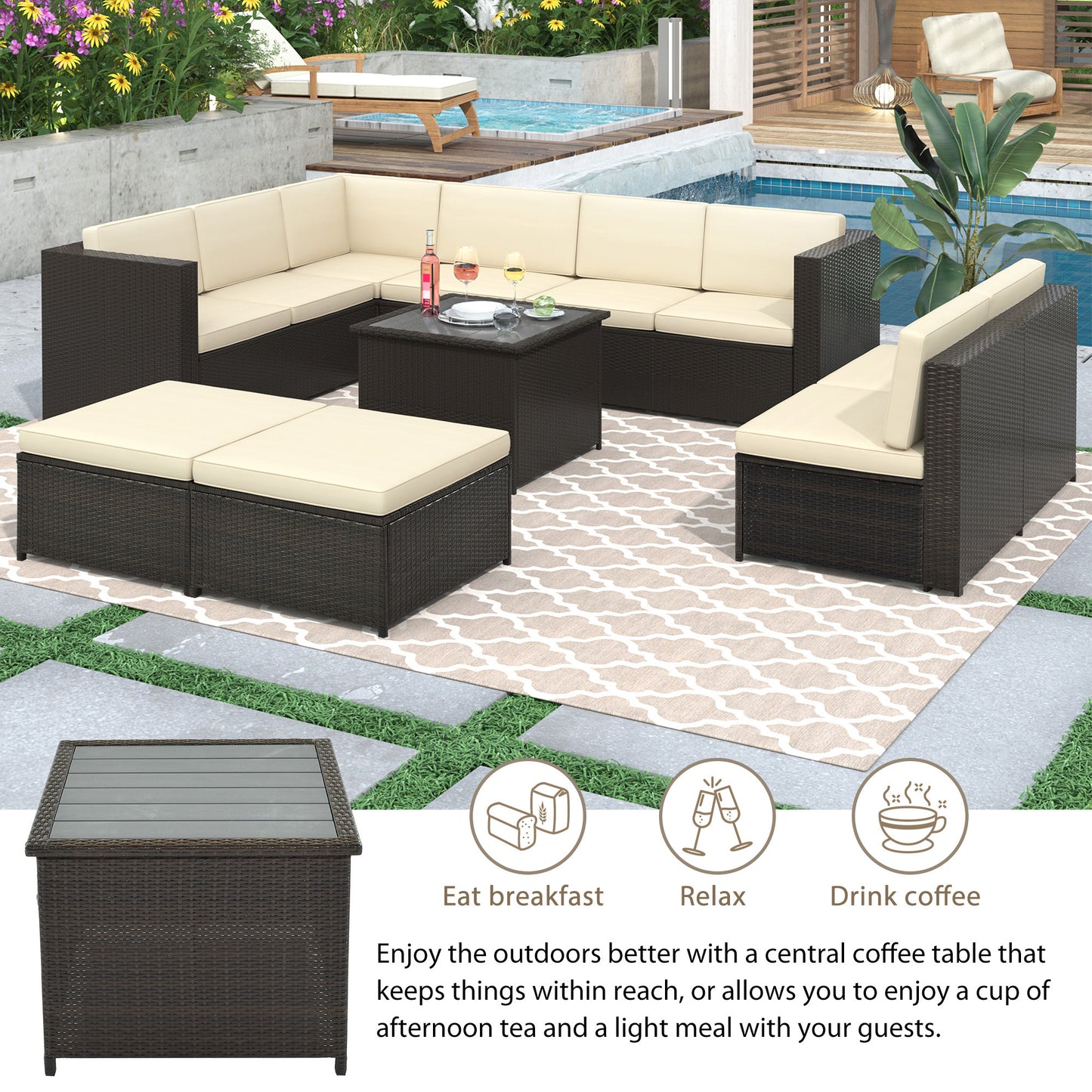 U_Style 9 Piece Rattan Sectional Seating Group with Cushions and Ottoman, Patio Furniture Sets, Outdoor Wicker Sectional