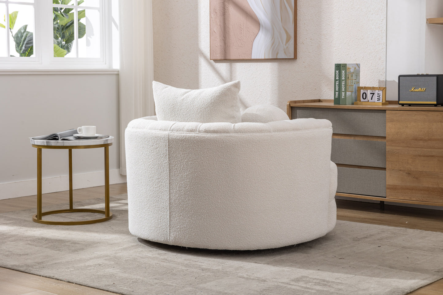 Modern Swivel Accent Barrel Chair, white tufted