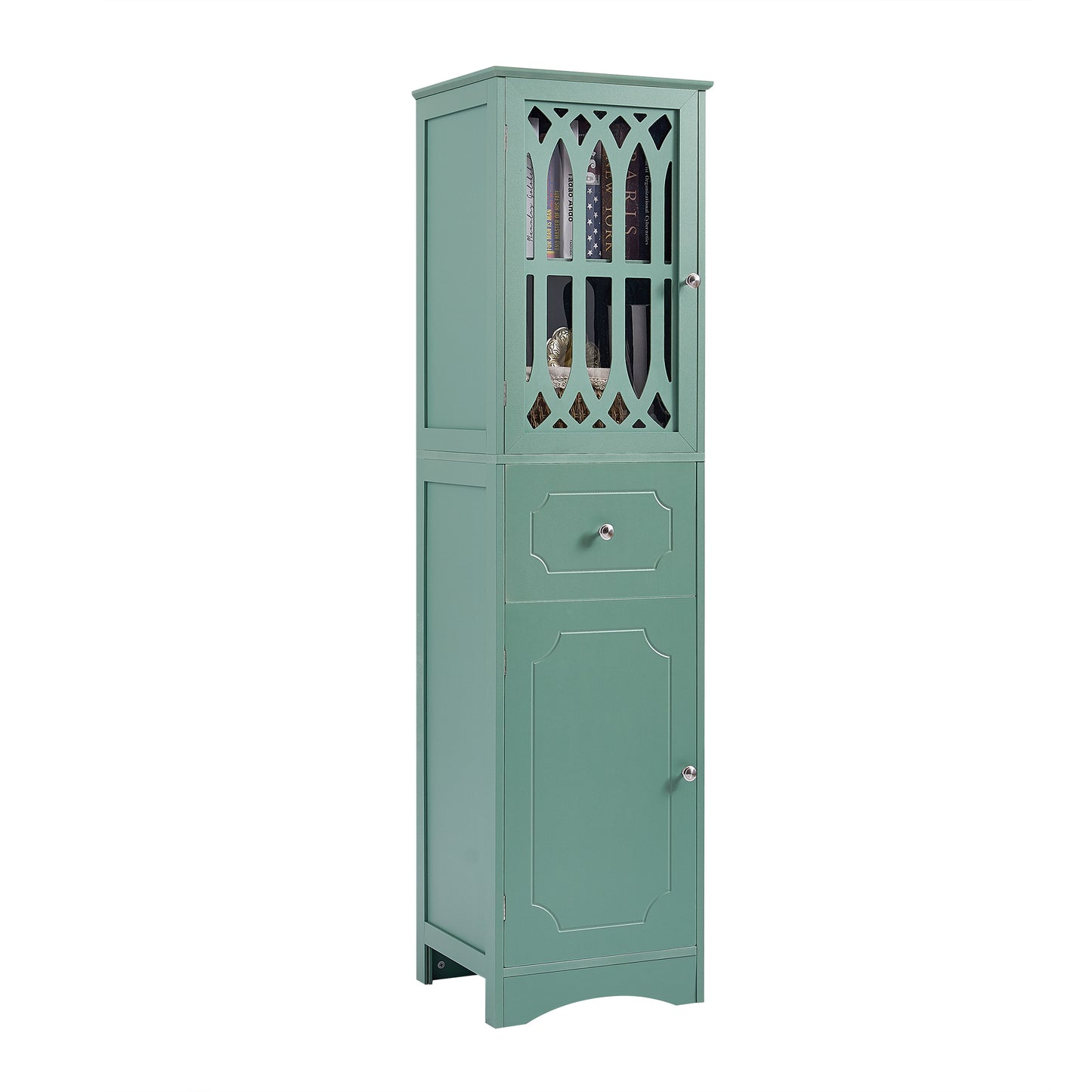 Tall Bathroom Cabinet, Freestanding Storage Cabinet with Drawer and Doors, MDF Board, Acrylic Door, Adjustable Shelf, Green