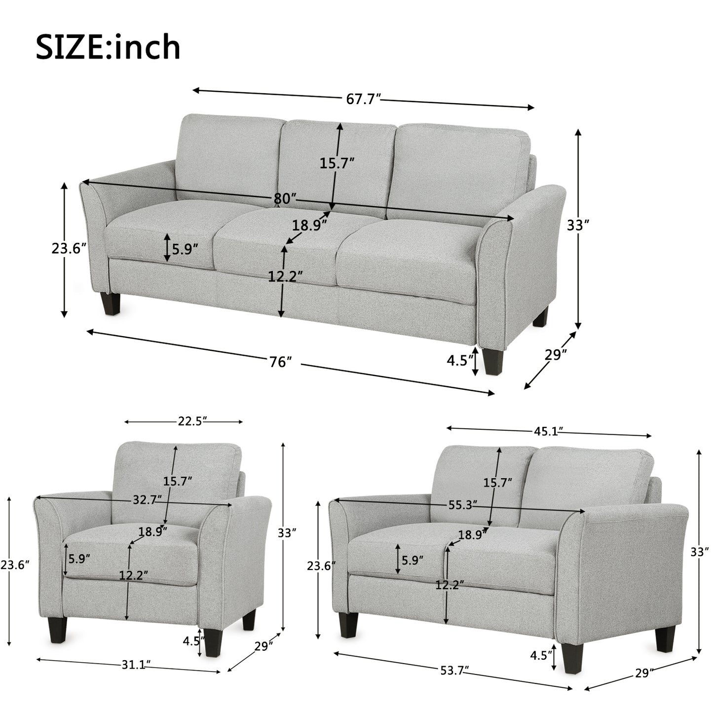 Living Room Sets Furniture Armrest Sofa Single Chair Sofa Loveseat Chair 3-Seat Sofa (ChairLoveseat Chair&3-Seat Sofa, Light Gray)