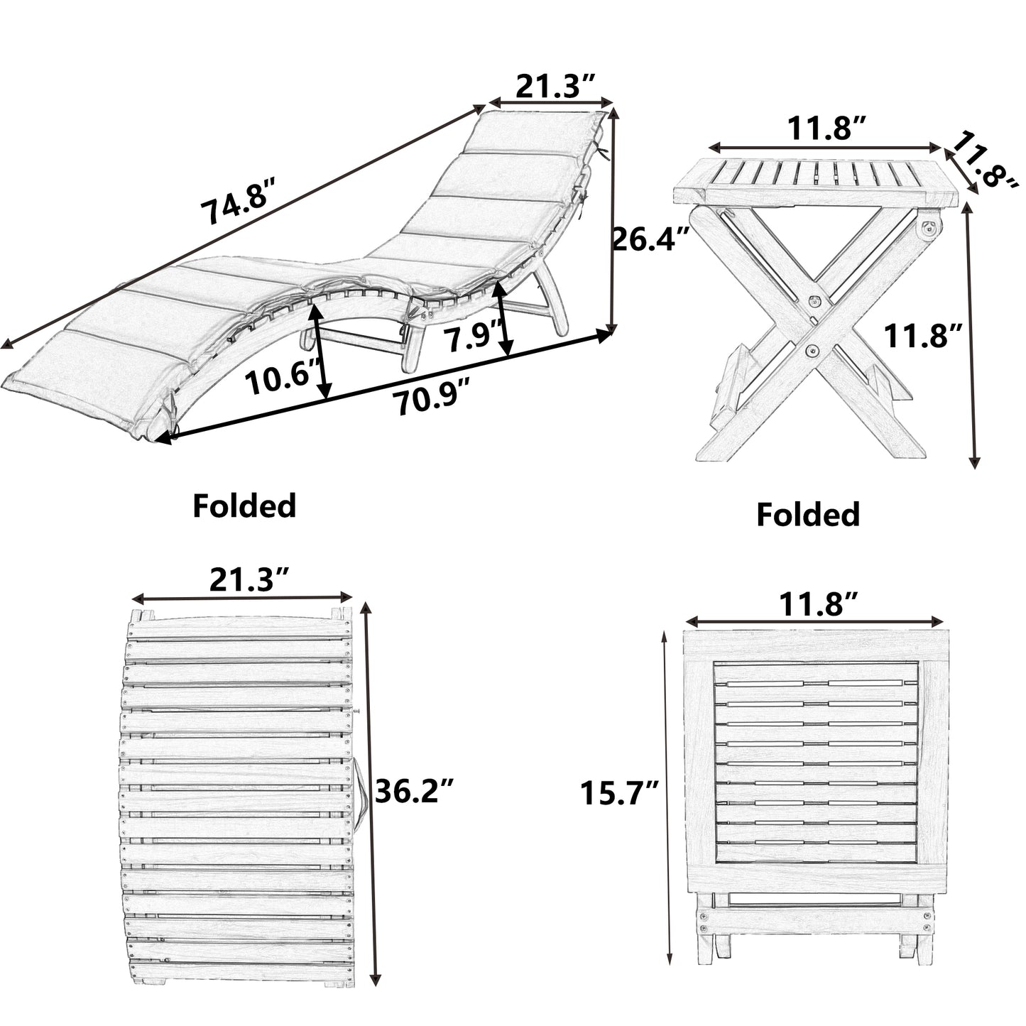 TOPMAX Outdoor Patio Wood Portable Extended Chaise Lounge Set with Foldable Tea Table for Balcony, Poolside, Garden, Brown Finish+Dark Gray Cushion