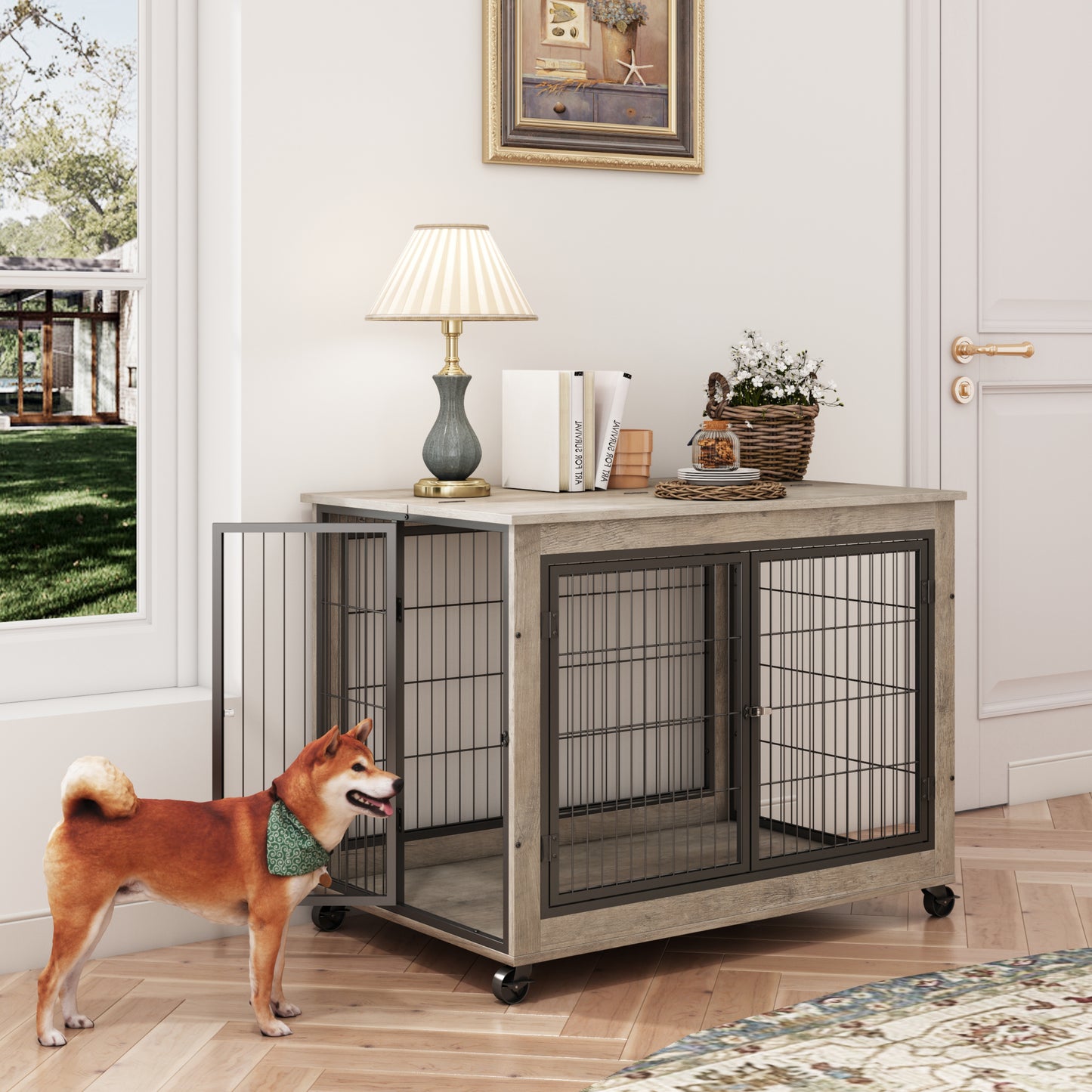 Furniture Style Dog Crate Side Table on Wheels with Double Doors and Lift Top.（Grey,38.58’’w x 25.5’’d x 27.36’’h）