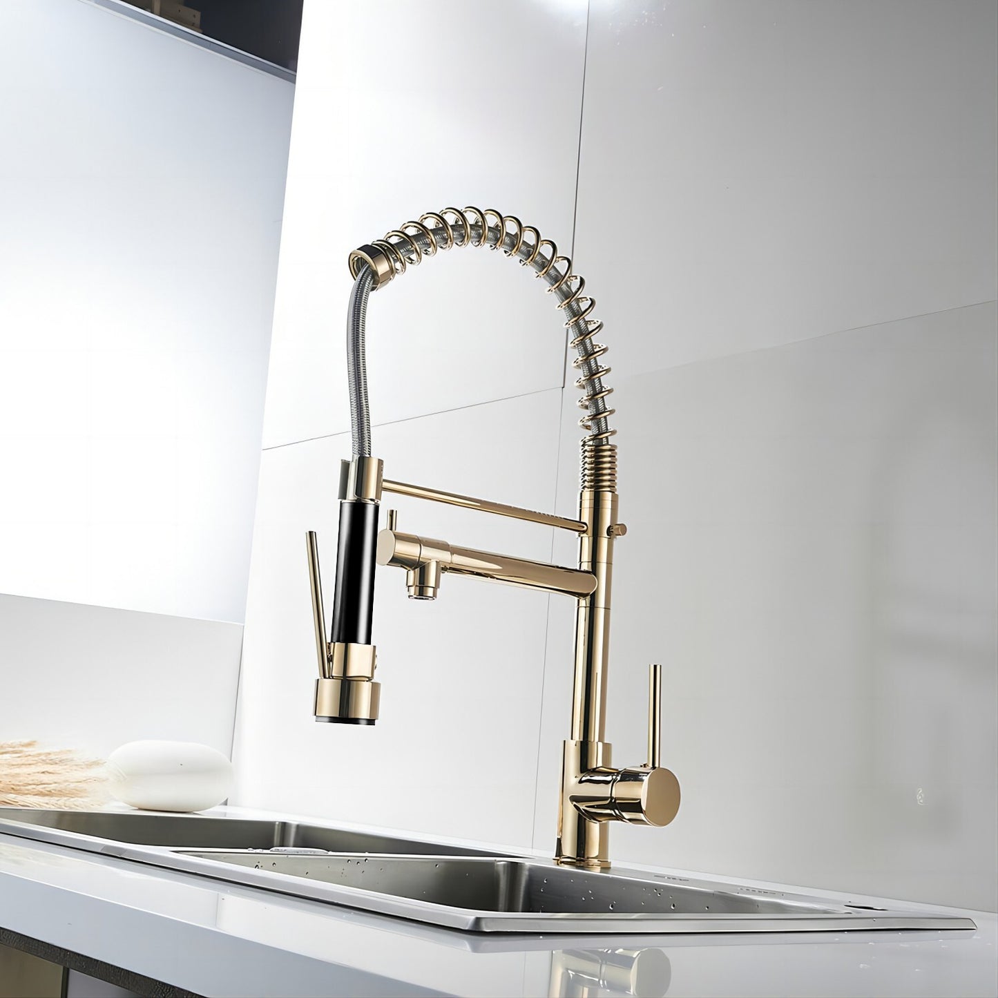 Double Handles Deck Mount Spring Pull Out Sprayer Kitchen Faucet with Clean Water Outlet in Brushed Gold