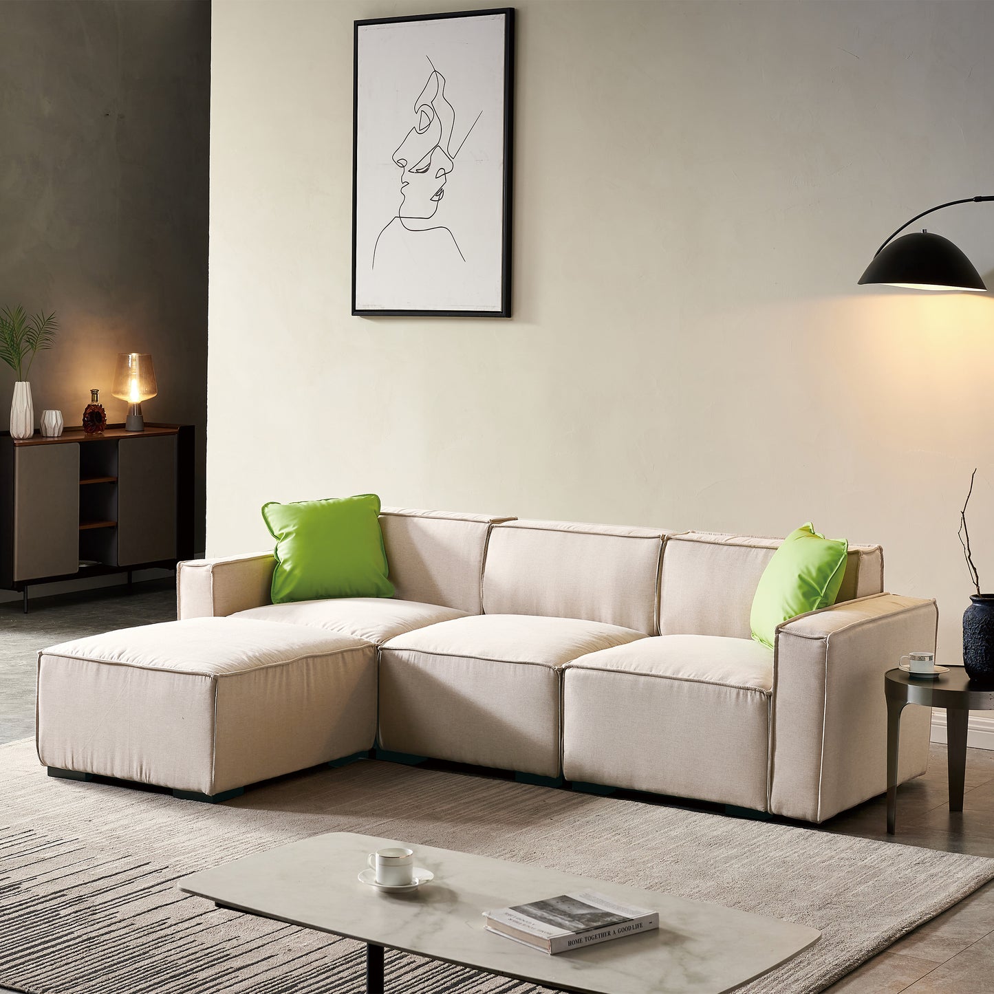 Modular Sofa L Shape with Convertible Ottoman Chaise(Beige)