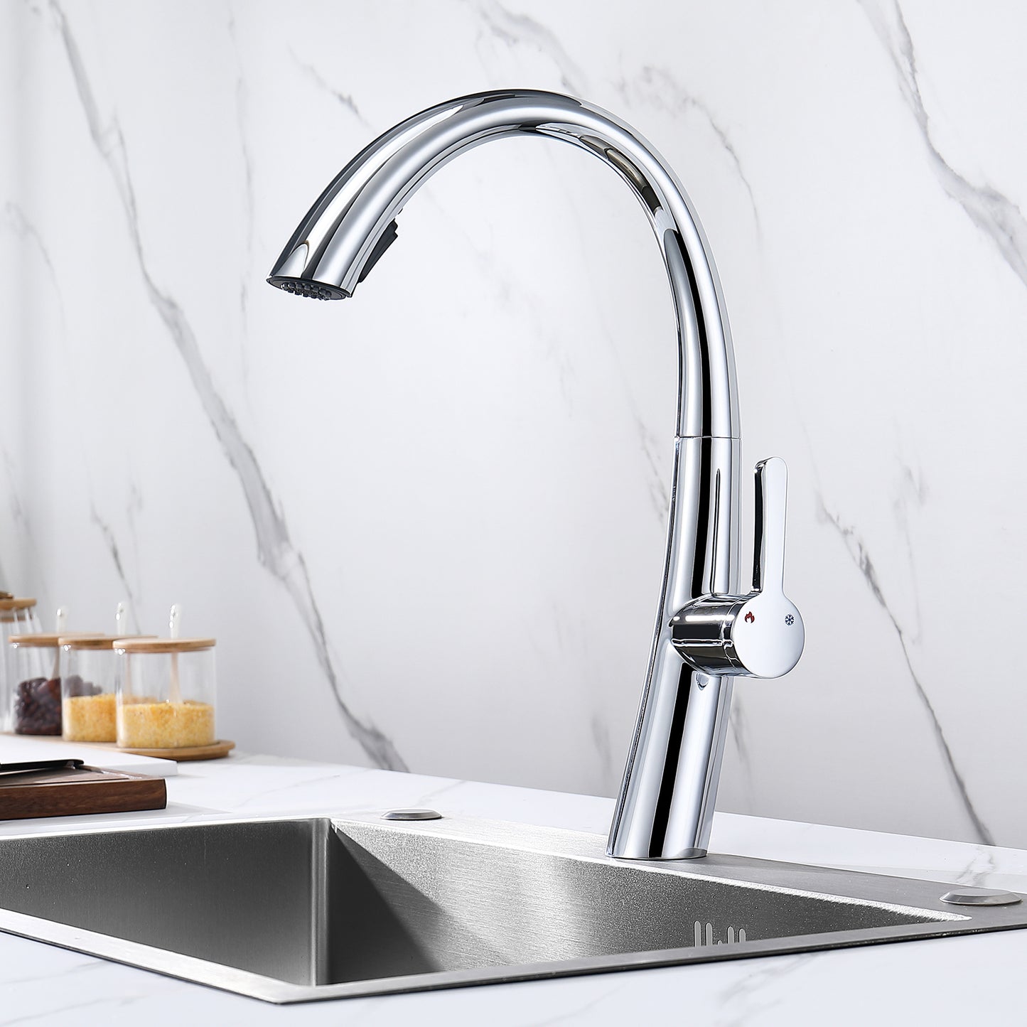 Chrome Single Handle Stainless Steel Pull Out Kitchen Faucet