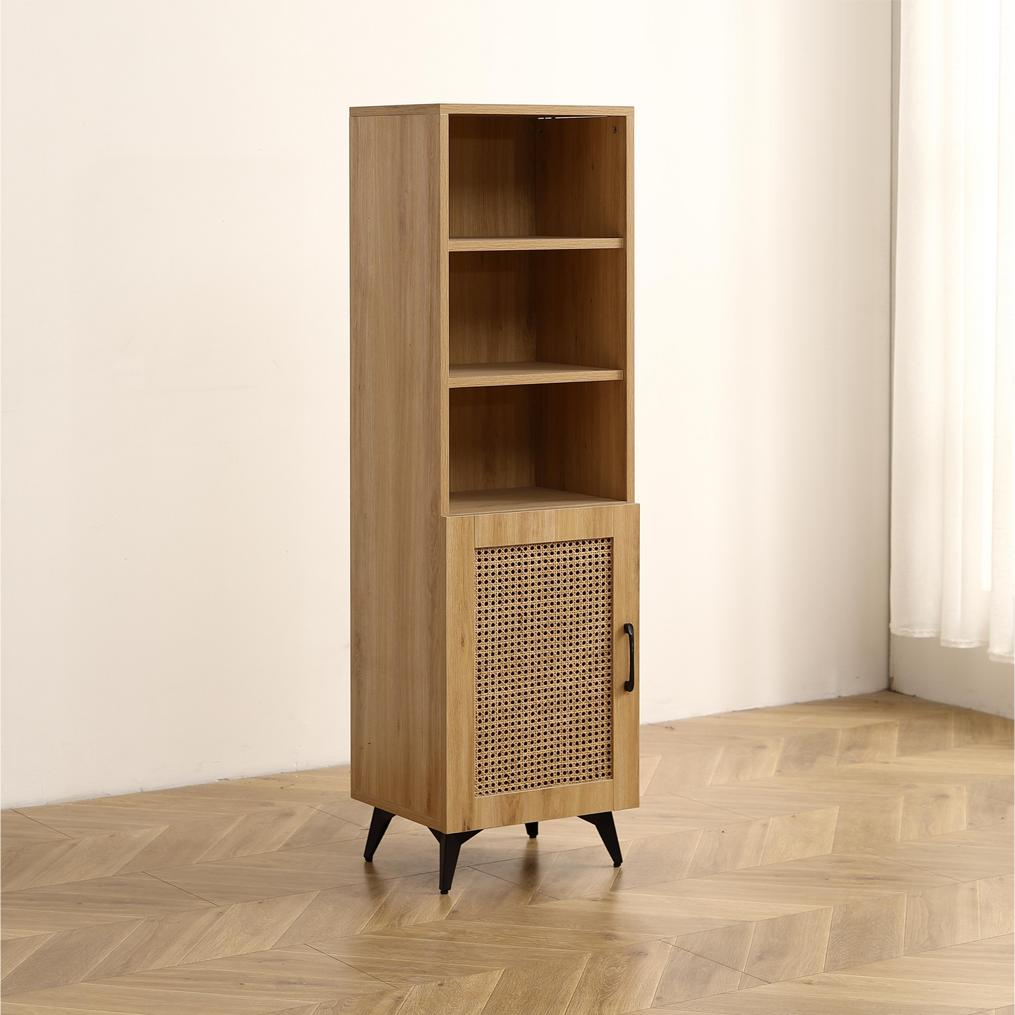 Natural Rattan Mesh Side Cabinet - Large Storage Space for Living Room or Restaurant.56inch  burlywood.