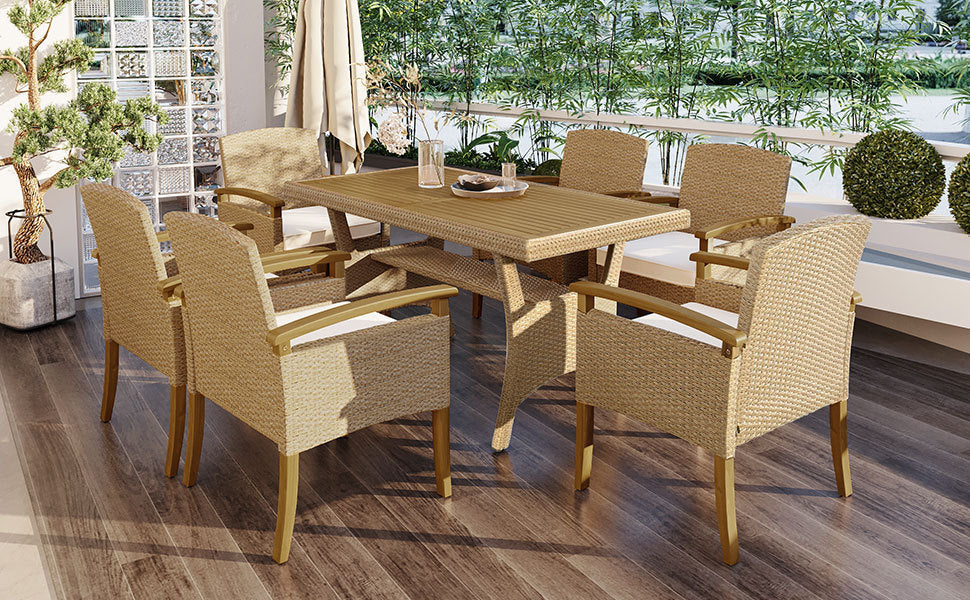 TOPMAX Outdoor Patio 7-Piece Dining Table Set All Weather PE Rattan Dining Set with Wood Tabletop and Cushions for 6, White