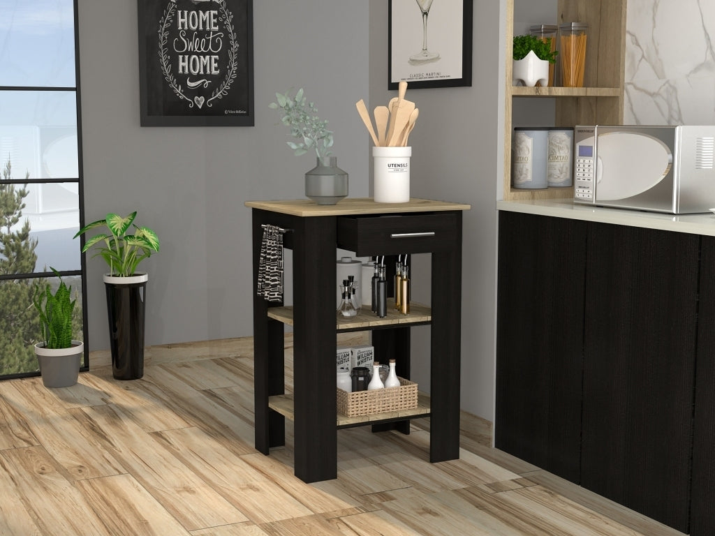 Kitchen Island 23 Inches Dozza with Single Drawer and Two-Tier Shelves, Black Wengue / Light Oak Finish