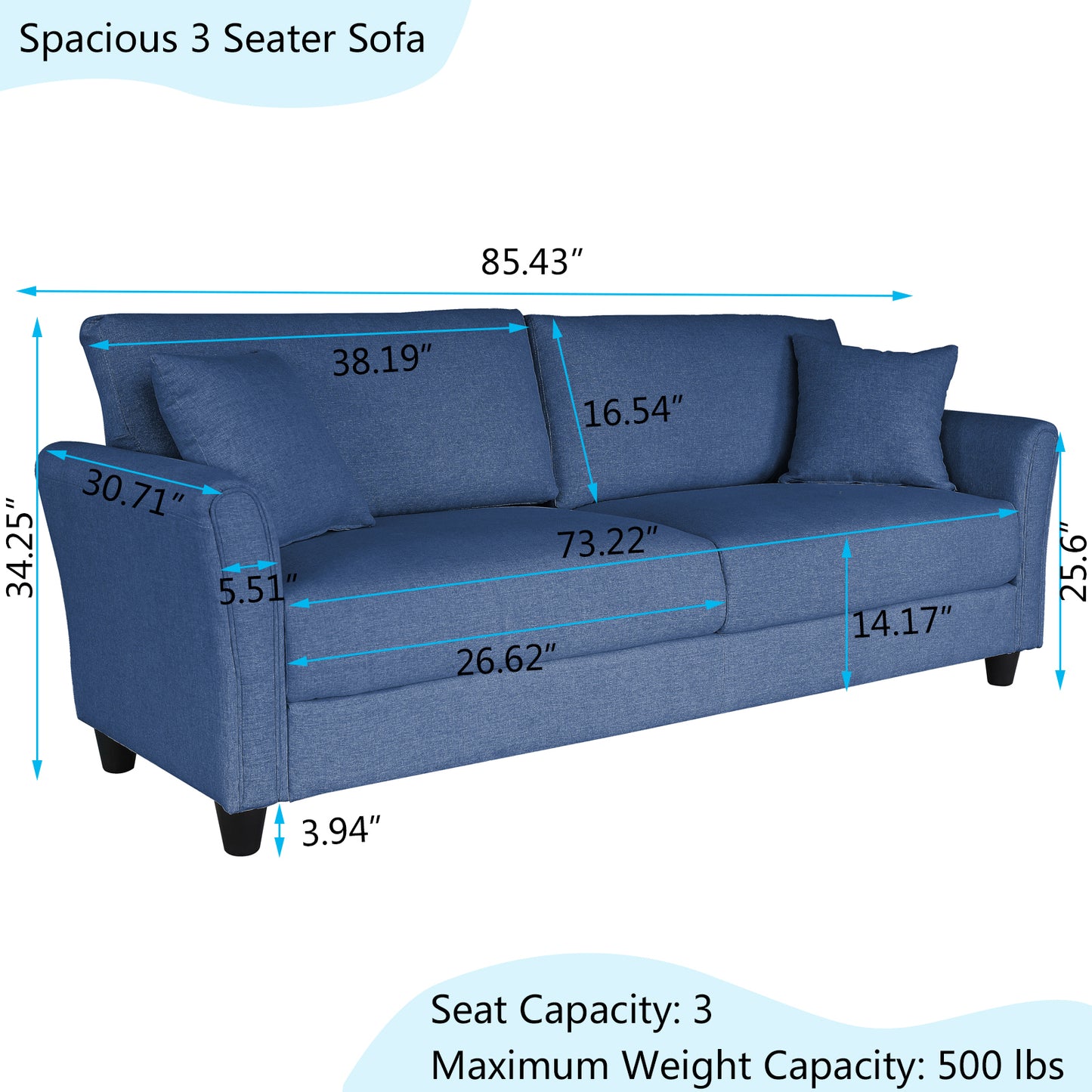 Blue three-seat sofa, linen