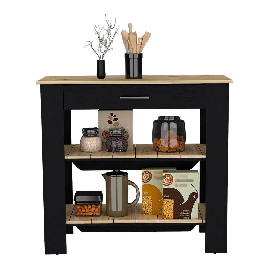 Kitchen Island 40 Inches Dozza, Two Shelves, Black Wengue / Light Oak Finish