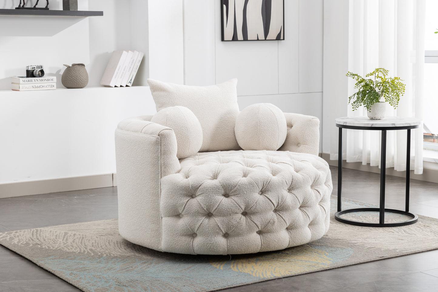 Modern Swivel Accent Barrel Chair, white tufted