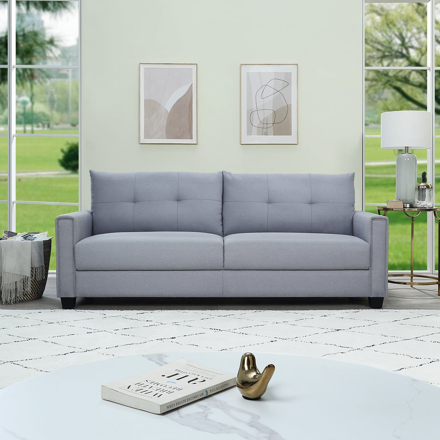 Linen Fabric Upholstery sofa/Tufted Cushions/ Easy, Assembly,Light Grey