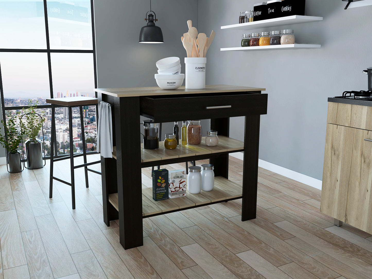 Cala Kitchen Island 40, Two Shelves, One Drawer, Four Legs  -Black / Light Oak