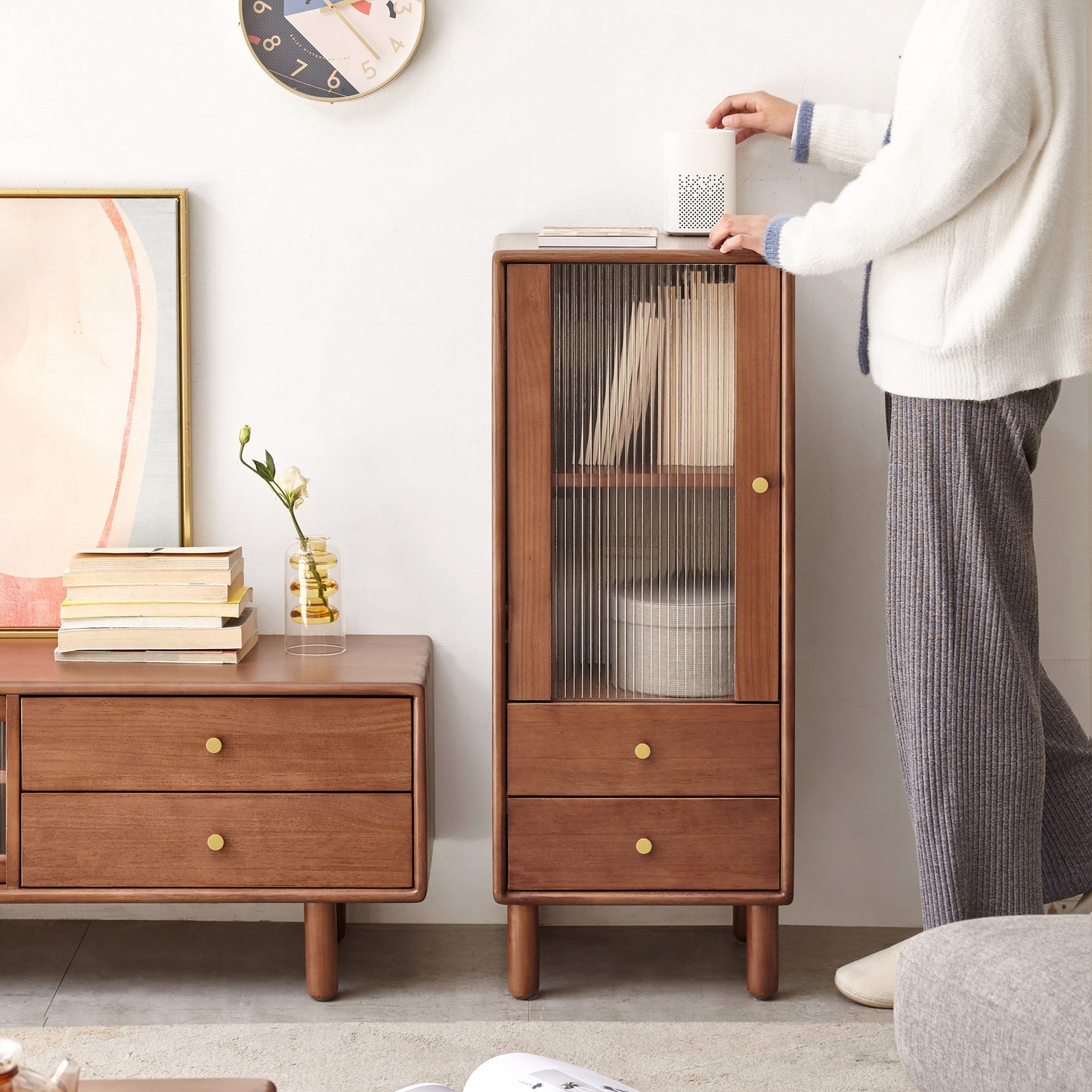 Storage Cabinet for Living Room - Free-Standing Corner Cabinets Storage Table with Vintage Glass Door,2 Shelves,2 Drawers & Brass Handle for Entryway Kitchen Hallway TV Stand, 37.4"H (Walnut)