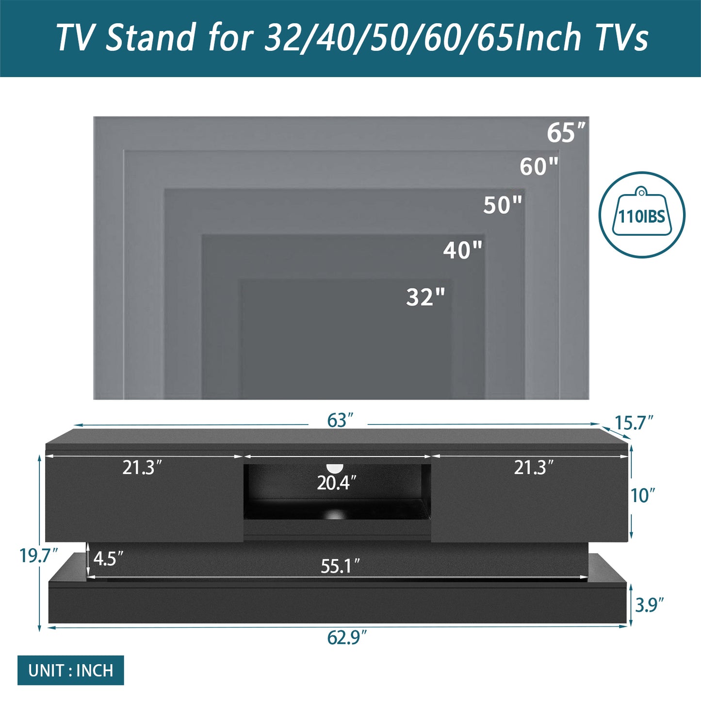 63" Modern TV Stand with LED Lights - Black