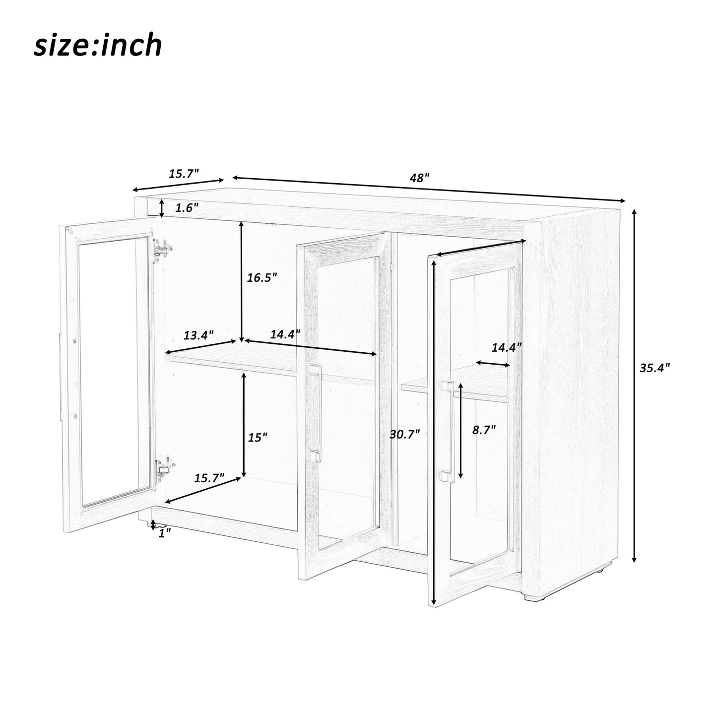 U-Style Wood Storage Cabinet with Three Tempered Glass Doors and Adjustable Shelf,Suitable for Living Room,Study and Entrance