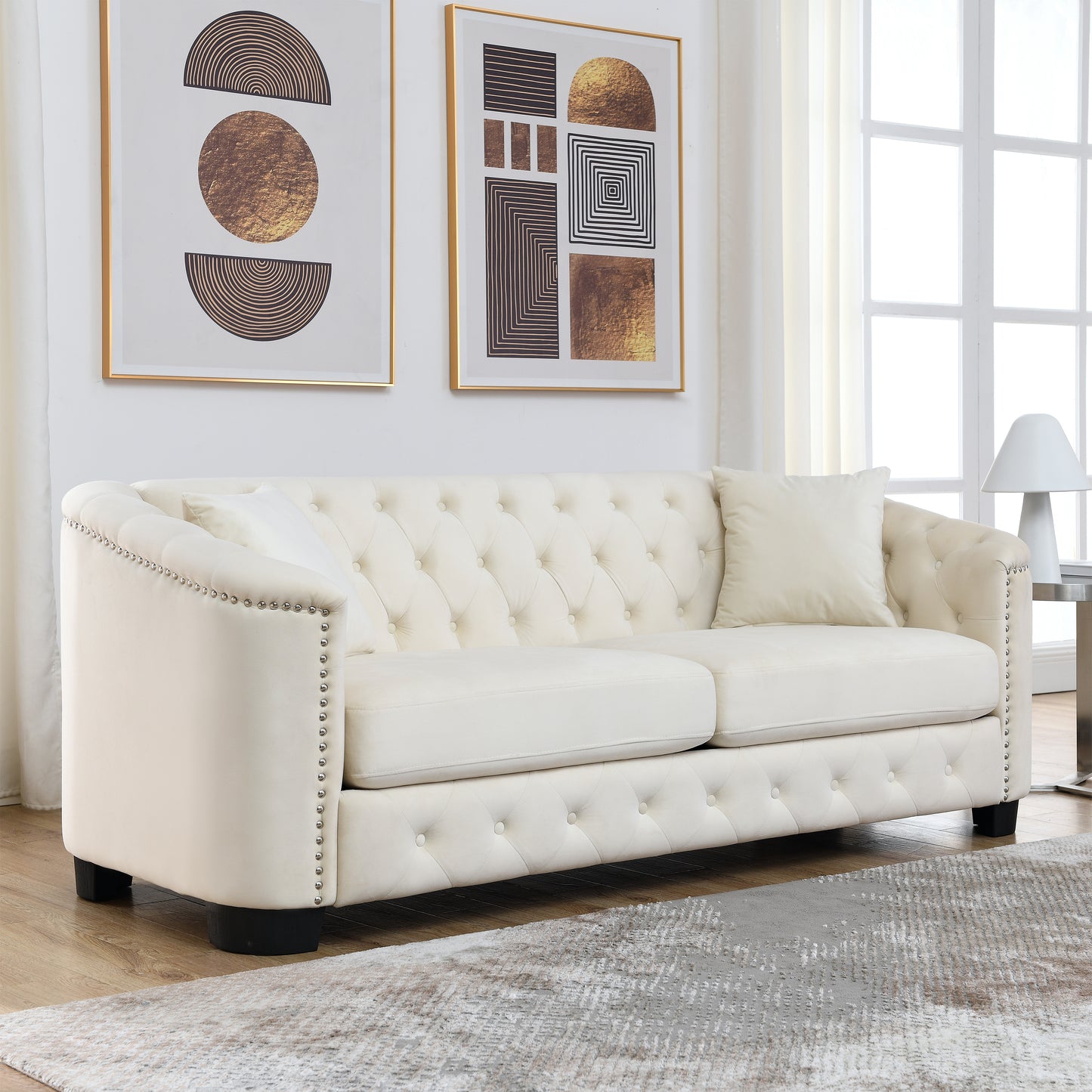 77" Modern Chesterfield Velvet Sofa with Nailhead Arms and 2 Cushions for Living Room