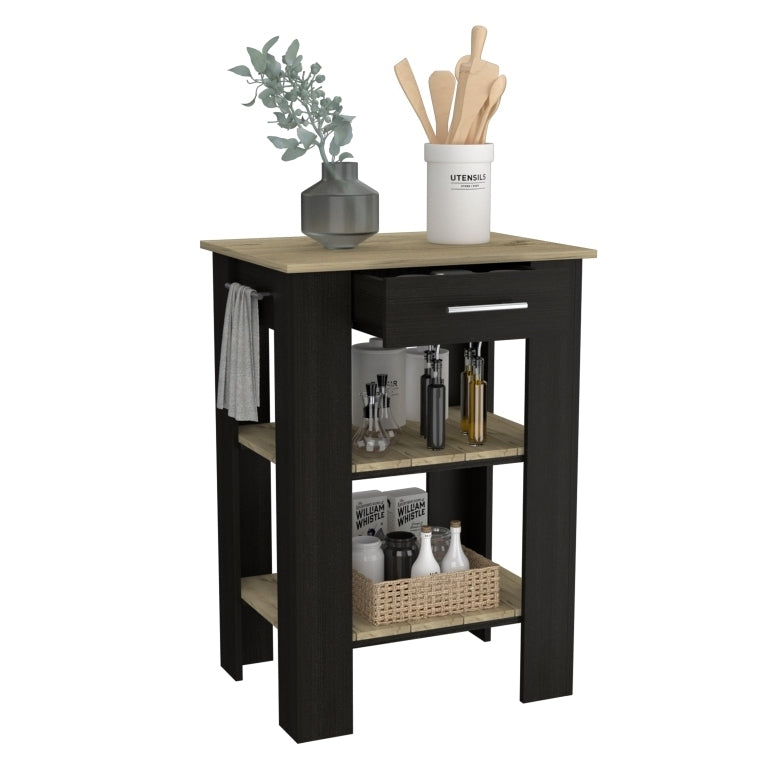 Kitchen Island 23 Inches Dozza with Single Drawer and Two-Tier Shelves, Black Wengue / Light Oak Finish