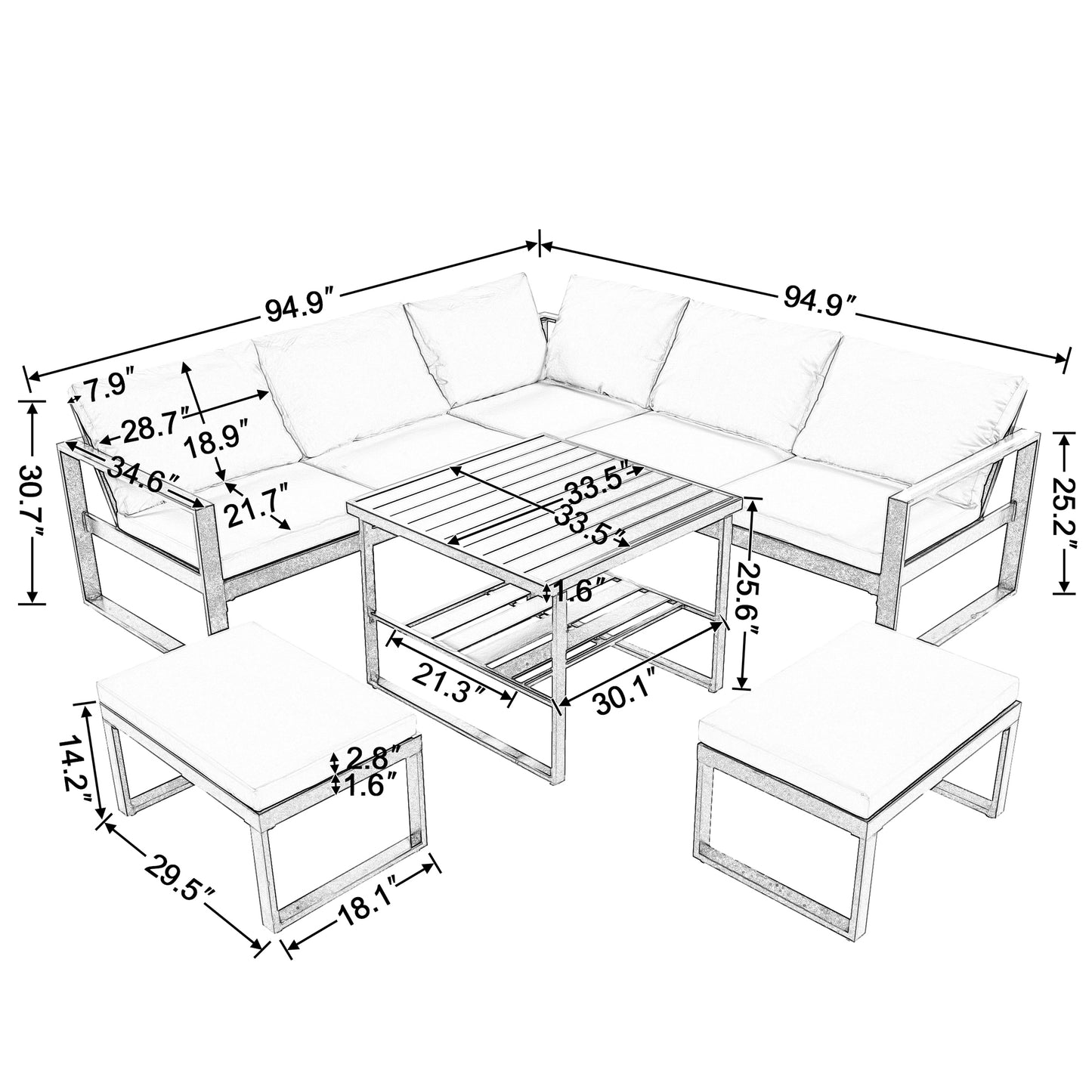 U_Style Industrial Style Outdoor Sofa Combination Set With 2 Love Sofa,1 Single Sofa,1 Table,2 Bench