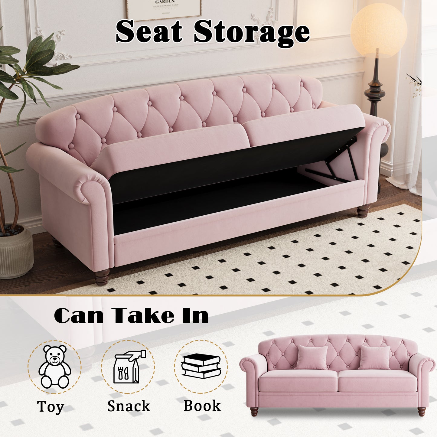 Roll-up arm double armrest backrest with buttons 81.9" pink velvet living room apartment studio sofa