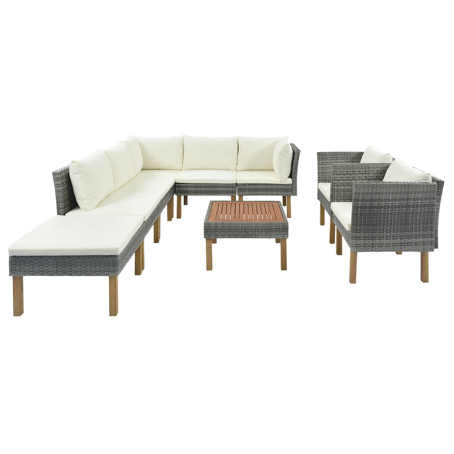 GO 9-Piece Outdoor Patio Garden Wicker Sofa Set, Gray PE Rattan Sofa Set, with Wood Legs, Acacia Wood Tabletop, Armrest Chairs with Beige Cushions