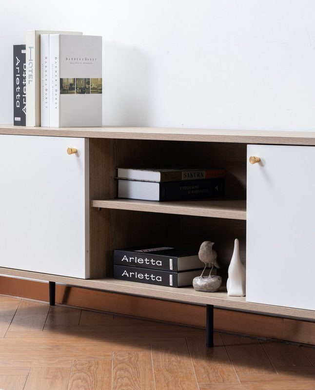 Aurora Light Brown Wood Finish TV Stand with 2 White Cabinets and Modular Shelves