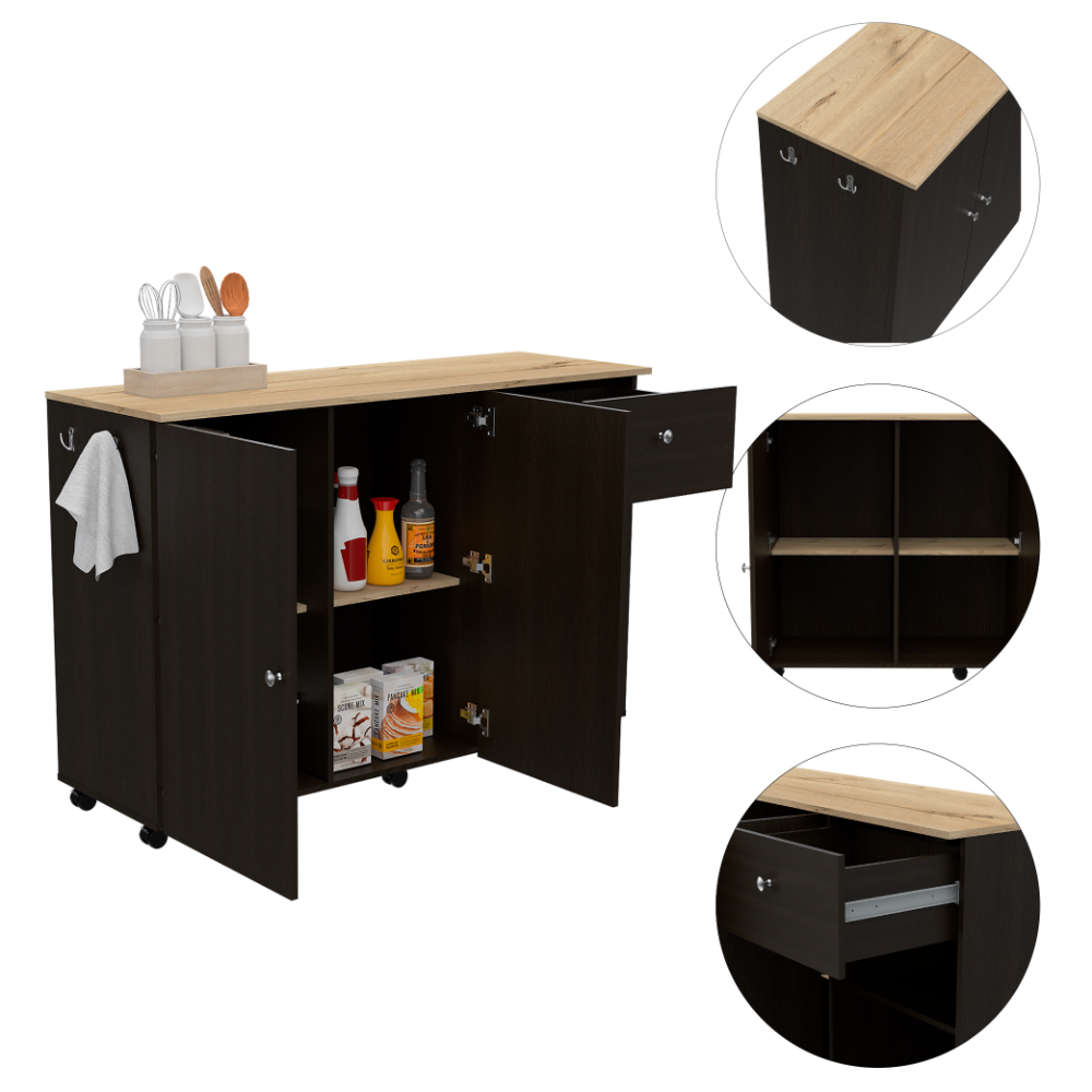 Kitchen Island Cart Victoria, Four Interior Shelves, Six Carters, One Drawer, Double Door Cabinet -Black