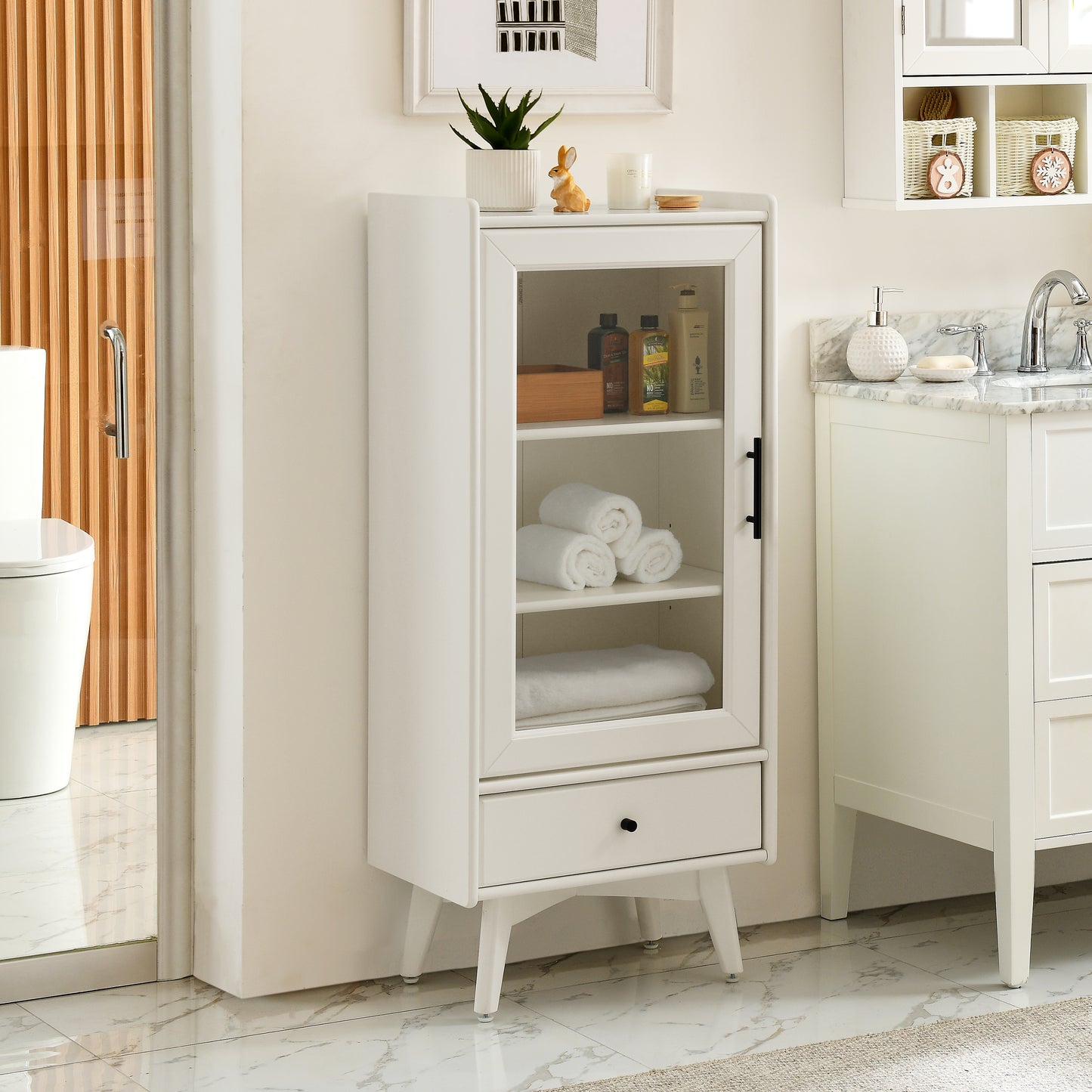 Modern Bathroom Storage Cabinet & Floor Standing cabinet with Glass Door with Double Adjustable Shelves and One Drawer, Extra Storage Space on Top, White(19.75"×13.75"×46")