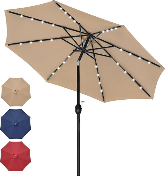 9' Tan Solar-Powered Patio Umbrella