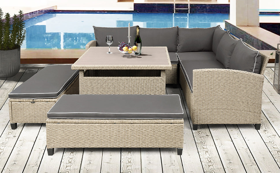 TOPMAX 6-Piece Patio Furniture Set Outdoor Wicker Rattan Sectional Sofa with Table and Benches for Backyard, Garden, Poolside