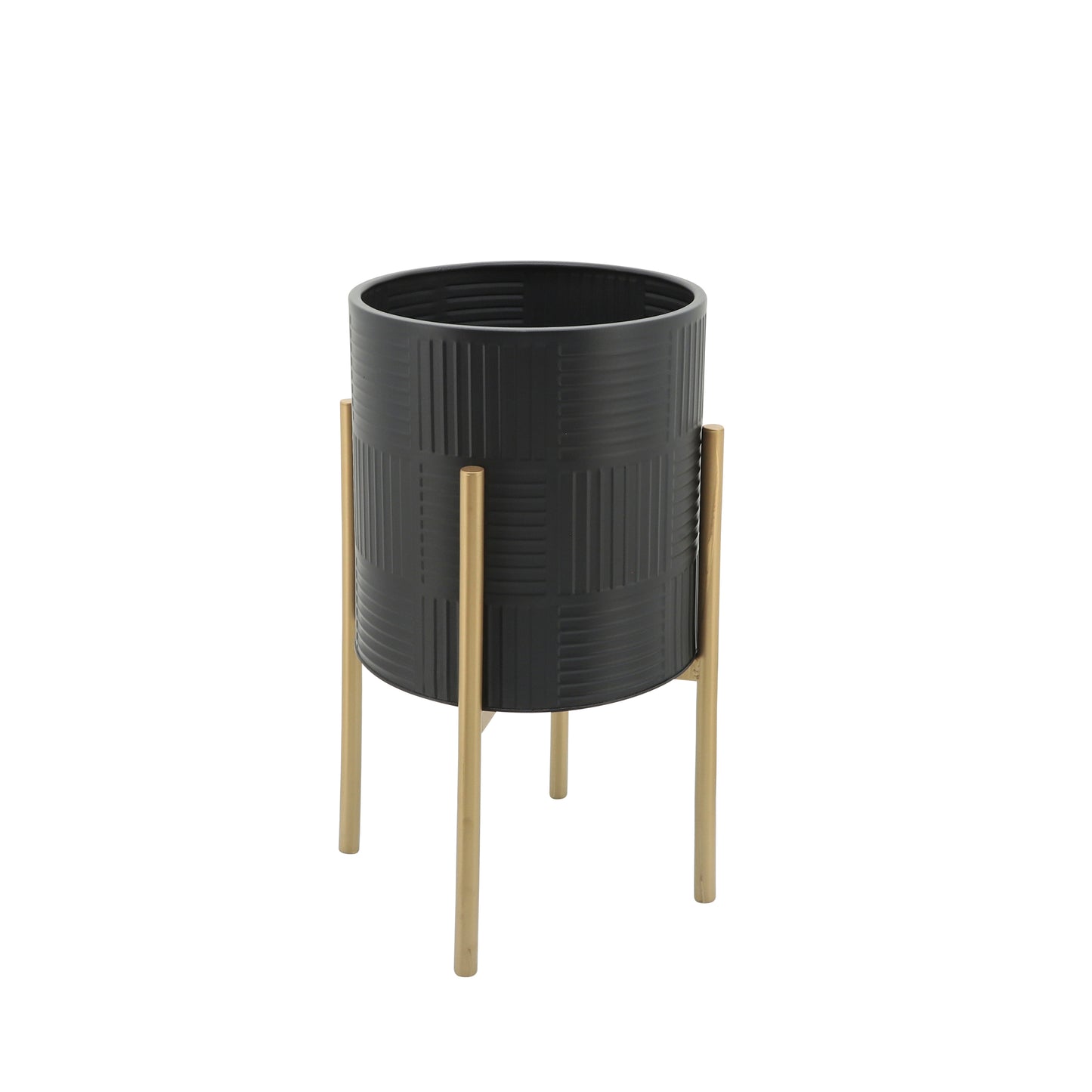 S/2 PLANTER W/ LINES ON METAL STAND, BLACK/GOLD