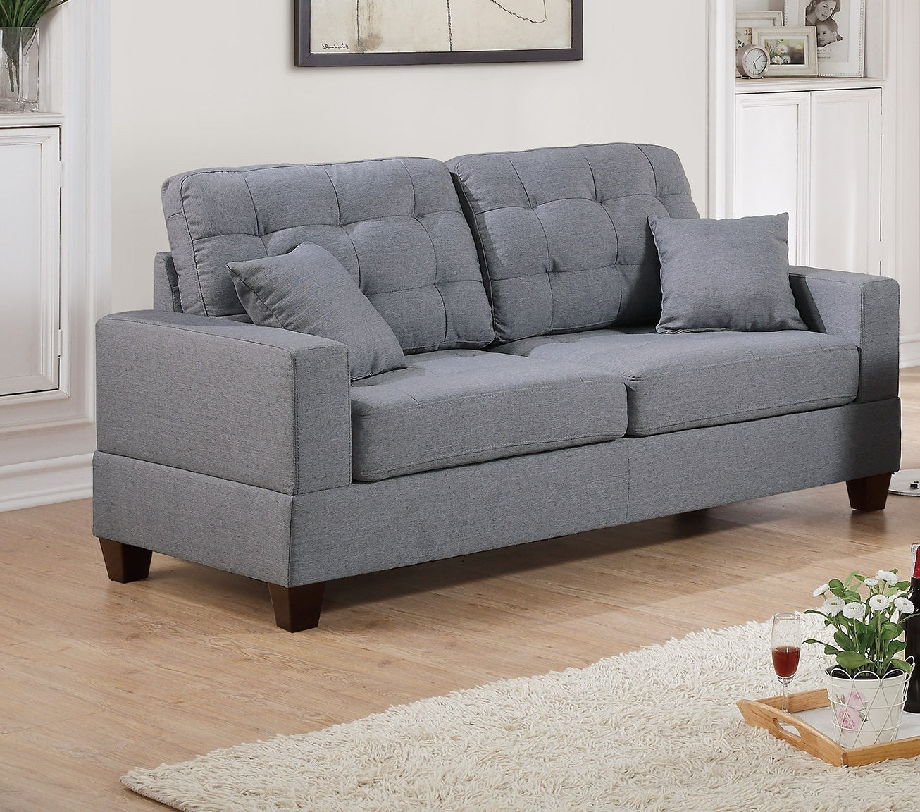 Living Room Furniture 2pc Sofa Set Grey Polyfiber Tufted Sofa Loveseat w Pillows Cushion Couch