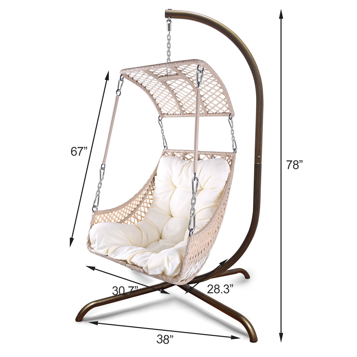 Swing Egg Chair with Stand Indoor Outdoor, UV Resistant Cushion Hanging Chair with Cup Holder, Anti-Rust with Wicker Rattan Frame 350lbs Capacity Hammock Chair for Patio Bedroom-Beige, New Design