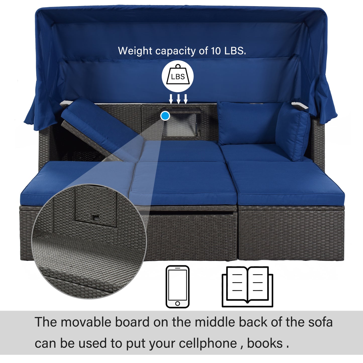 U_Style Outdoor Patio Rectangle Daybed with Retractable Canopy,  Wicker Furniture Sectional Seating with Washable Cushions, Backyard, Porch