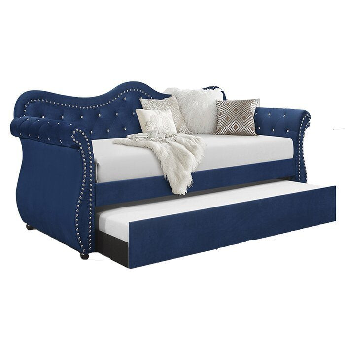 Galaxy Home Abby Upholstered Velvet Wood Daybed with Trundle in Blue