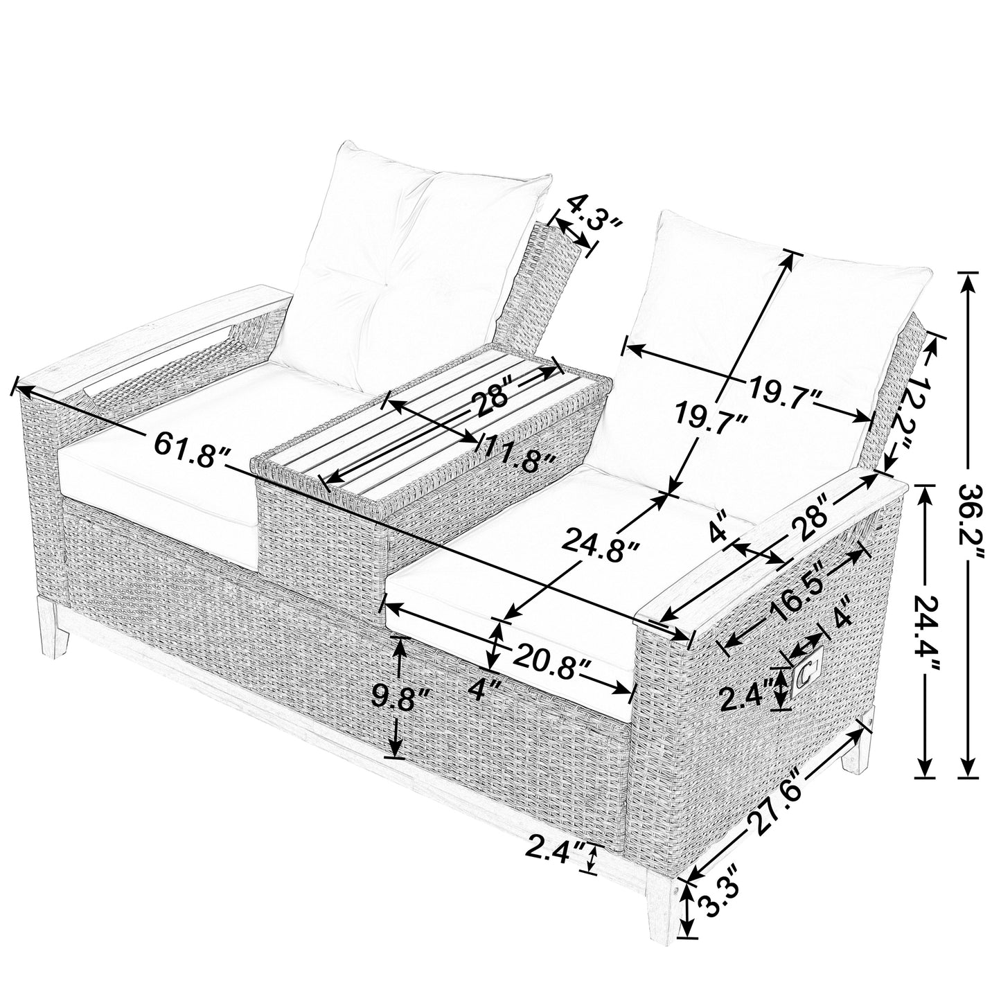 U_Style Outdoor Comfort Adjustable Loveseat,Armrest With Storage Space With 2 Colors,Suitable For Courtyards, Swimming Pools And Balconies, etc.