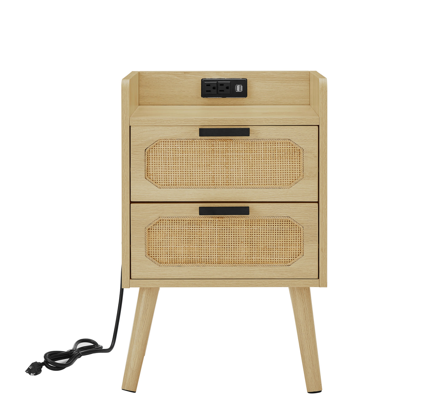 Natural and Handmade Rattan Nightstand with Socket Side Table