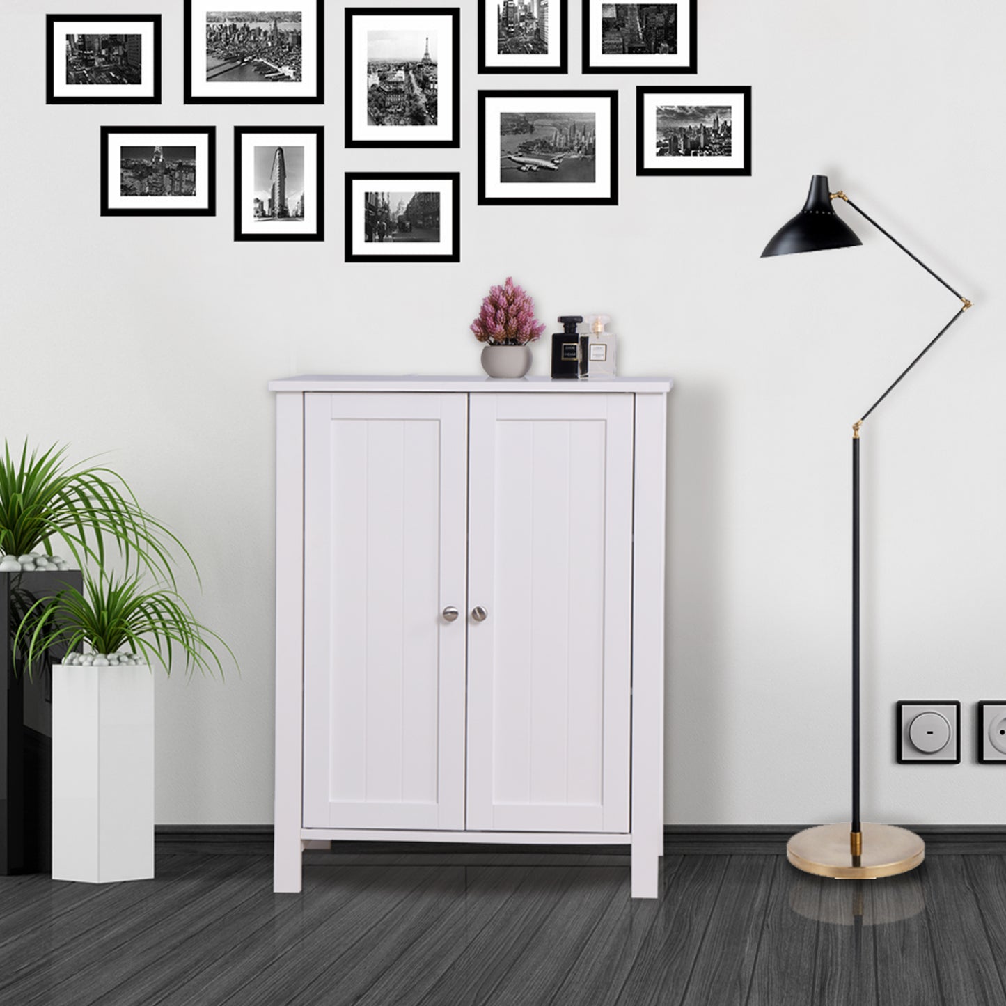 Bathroom Floor Storage Cabinet with Double Door Adjustable Shelf -White
