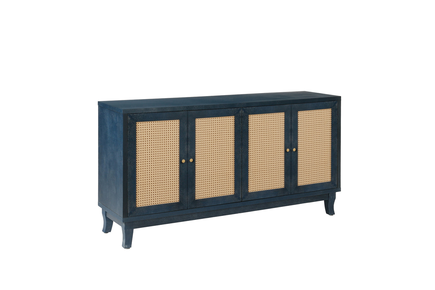 Handcrafted Premium Grain Panels,Rattan Sideboard Buffer Cabinet,Accent Storage Cabinet With 4 Rattan Doors, Modern Storage Cupboard Console Table with Adjustable Shelves for Living Room ,BLUE