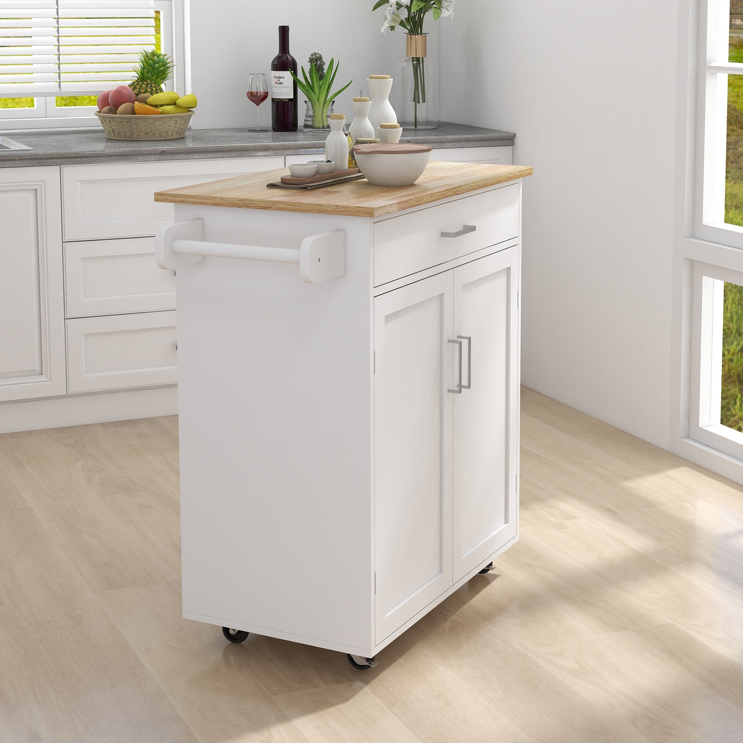 Kitchen Island Rolling Trolley Cart with Rubber Towel Rack