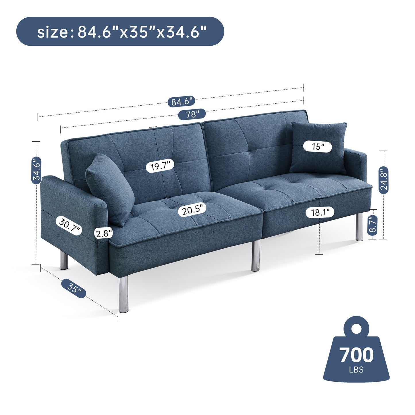 84.6” Extra Long Adjustable Sofa Bed